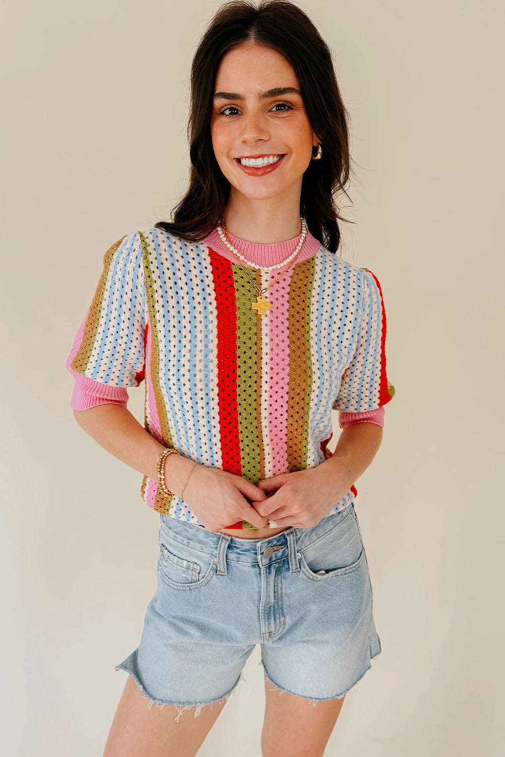 Multicolour Striped Pointelle Knit Short Sleeve Sweater