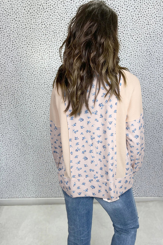 Beige Waffle Knit Floral Color Block Patchwork Balloon Sleeves Oversized Top