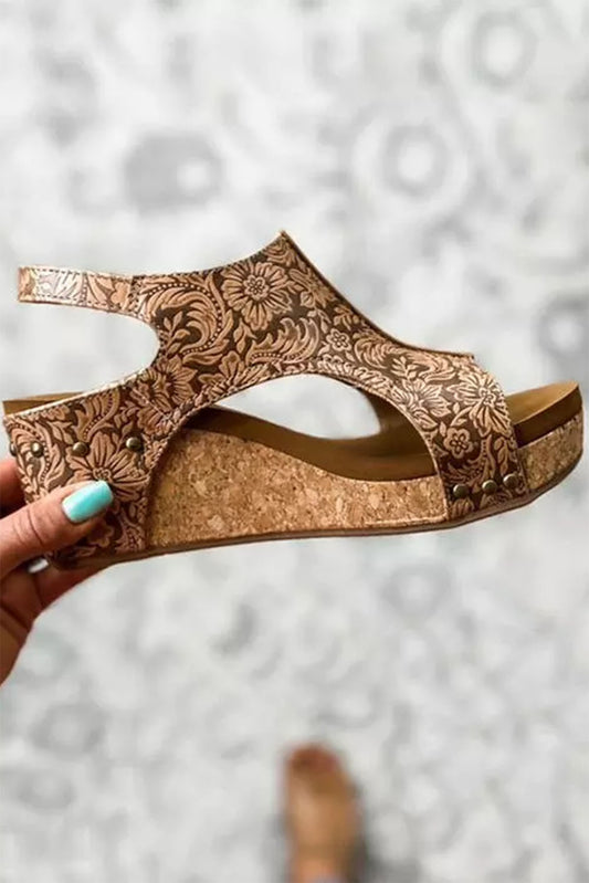 Vintage Floral Leather Rivet Hollowed Platform Sandals