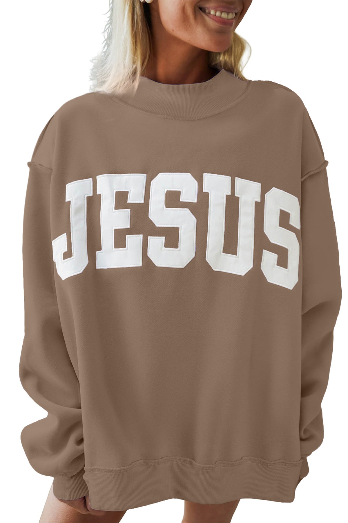 Dark Khaki JESUS Letter Patch Graphic Exposed Seam Mock Neck Baggy Sweatshirt