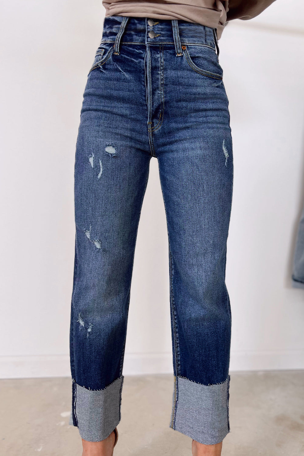 Blue High Waist Distressed Straight Leg Jeans