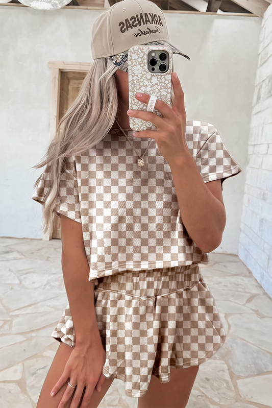 Brown Checkerboard T Shirt and High Waist Skorts 2 Piece Outfit