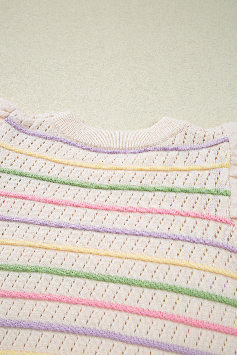 Oatmeal Colorful Striped Eyelet Knit Ruffled Sleeve Sweater T Shirt