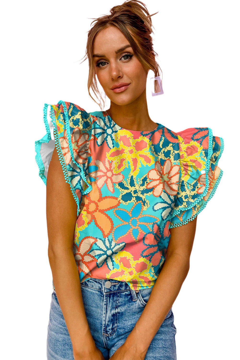 Blusa con mangas con volantes y estampado floral vibrante multicolor