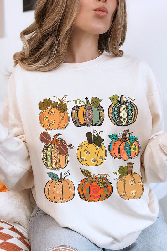 Sweat-shirt beige à épaules tombantes et imprimé citrouilles pour Thanksgiving