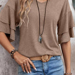 DUNE Solid Colour V-Neck Double Layer Sleeve Loose T-Shirt