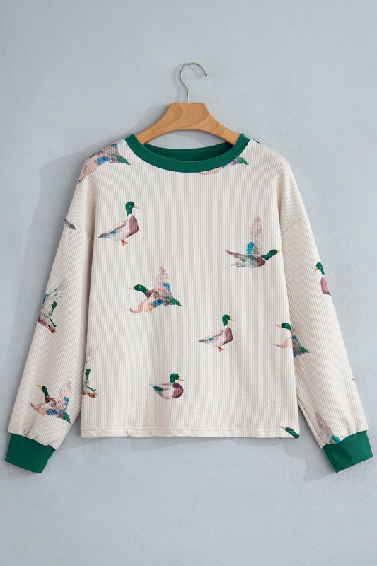 Beige Mallard Duck Print Plus Size Twisted Ribbed Top