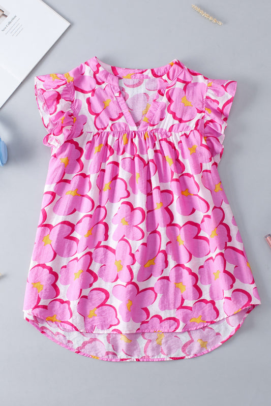 Chemisier babydoll à manches volantées et motif floral rose