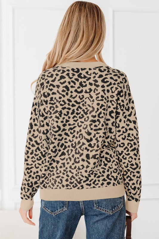 Black Leopard Drop Shoulder Chunky Knitted Cardigan Sweater