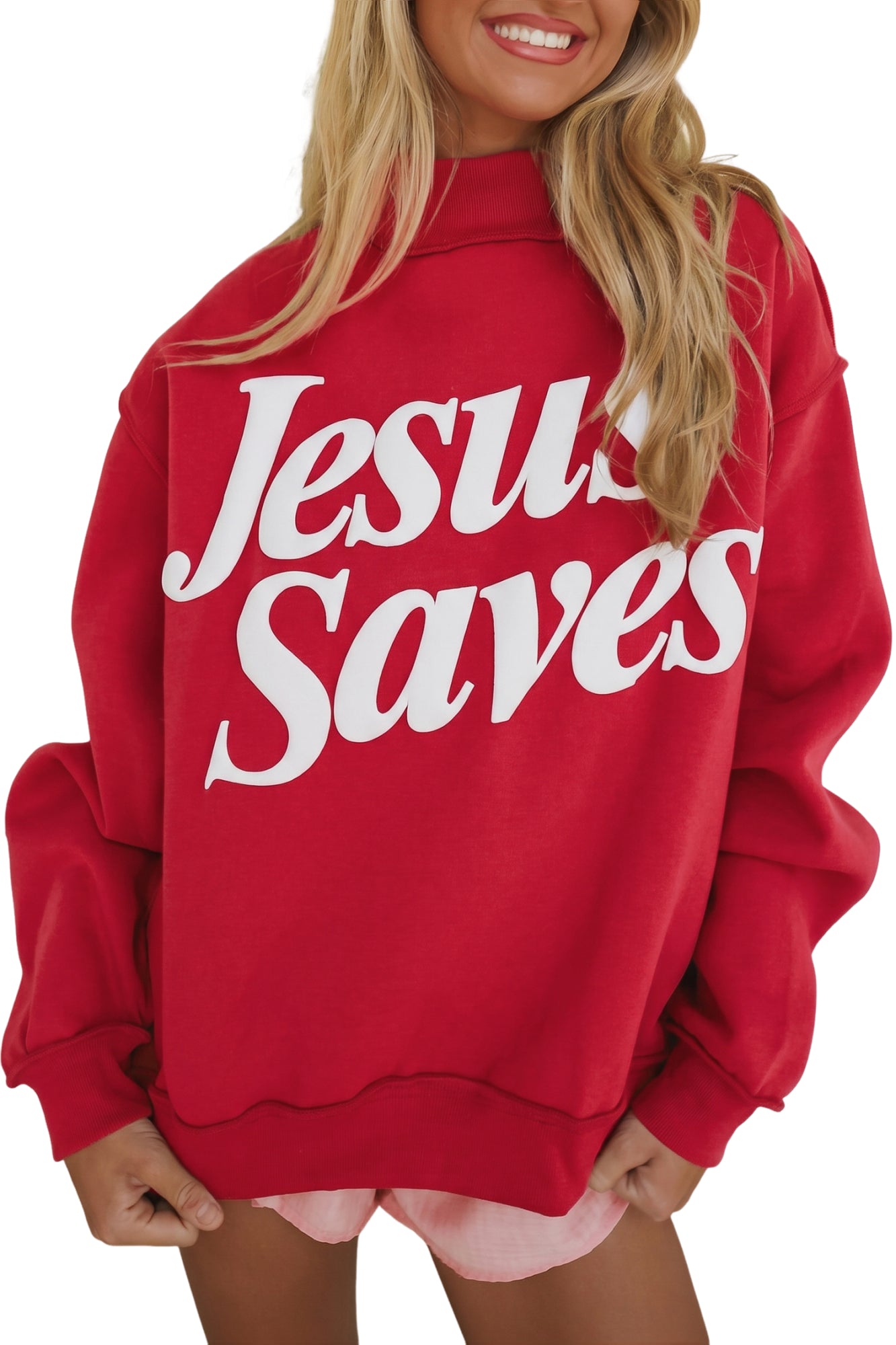 Fiery Red Jesus Saves Slogan Print Stand Neck Baggy Sweatshirt