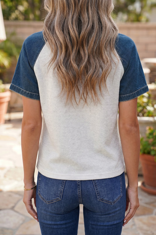 White Textured Color Block Denim Patchwork Polo Collar Tee