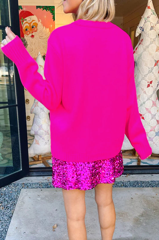 Rose Red Merry Print Ribbed Trim Round Neck Loose Fit Sweater
