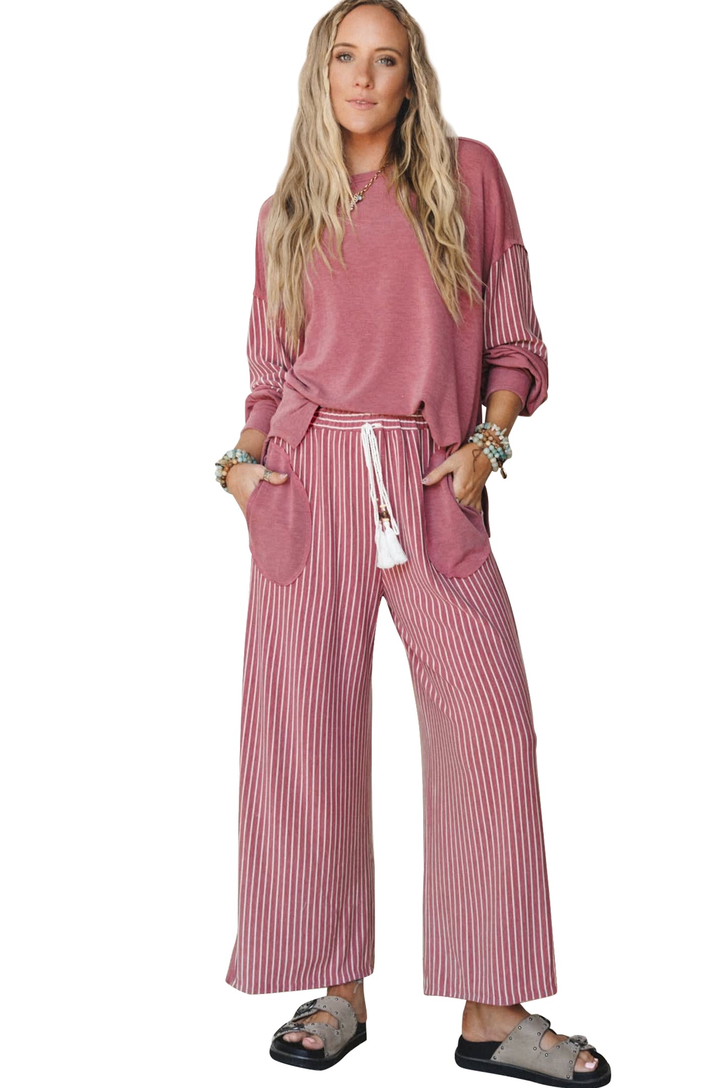 Fushia Raw Seam Patchwork Long Sleeve Top Pocket Casual Pants 2pcs Set