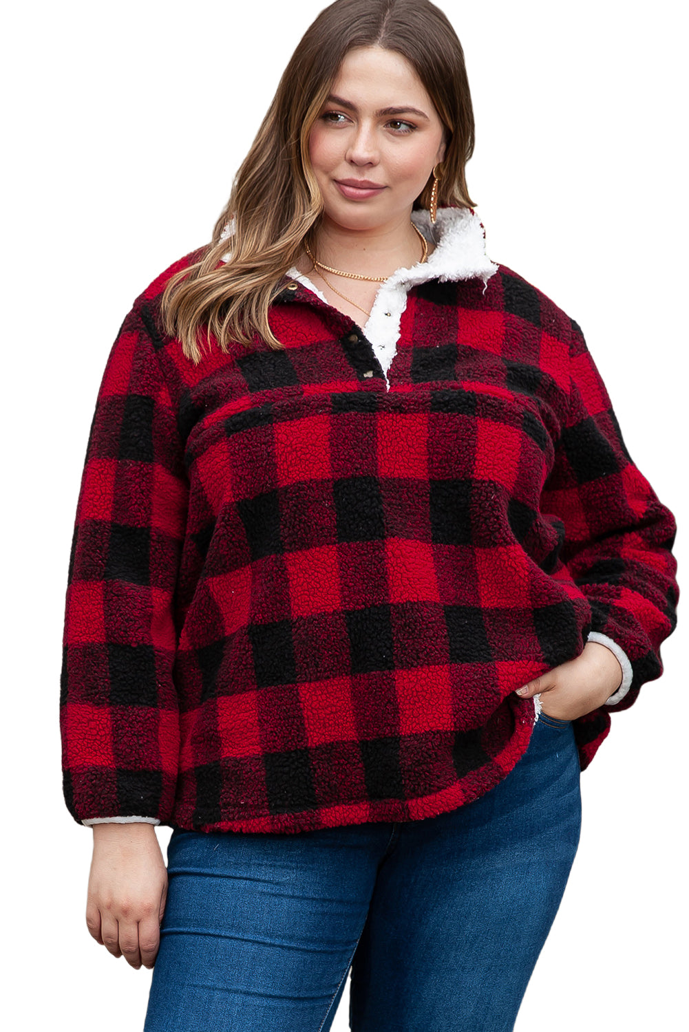 Sweat-shirt rouge à carreaux Buffalo Sherpa Henley grande taille