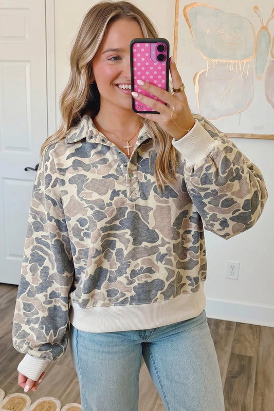 Multicolour Casual Camouflage Collar Pullover Sweatshirt