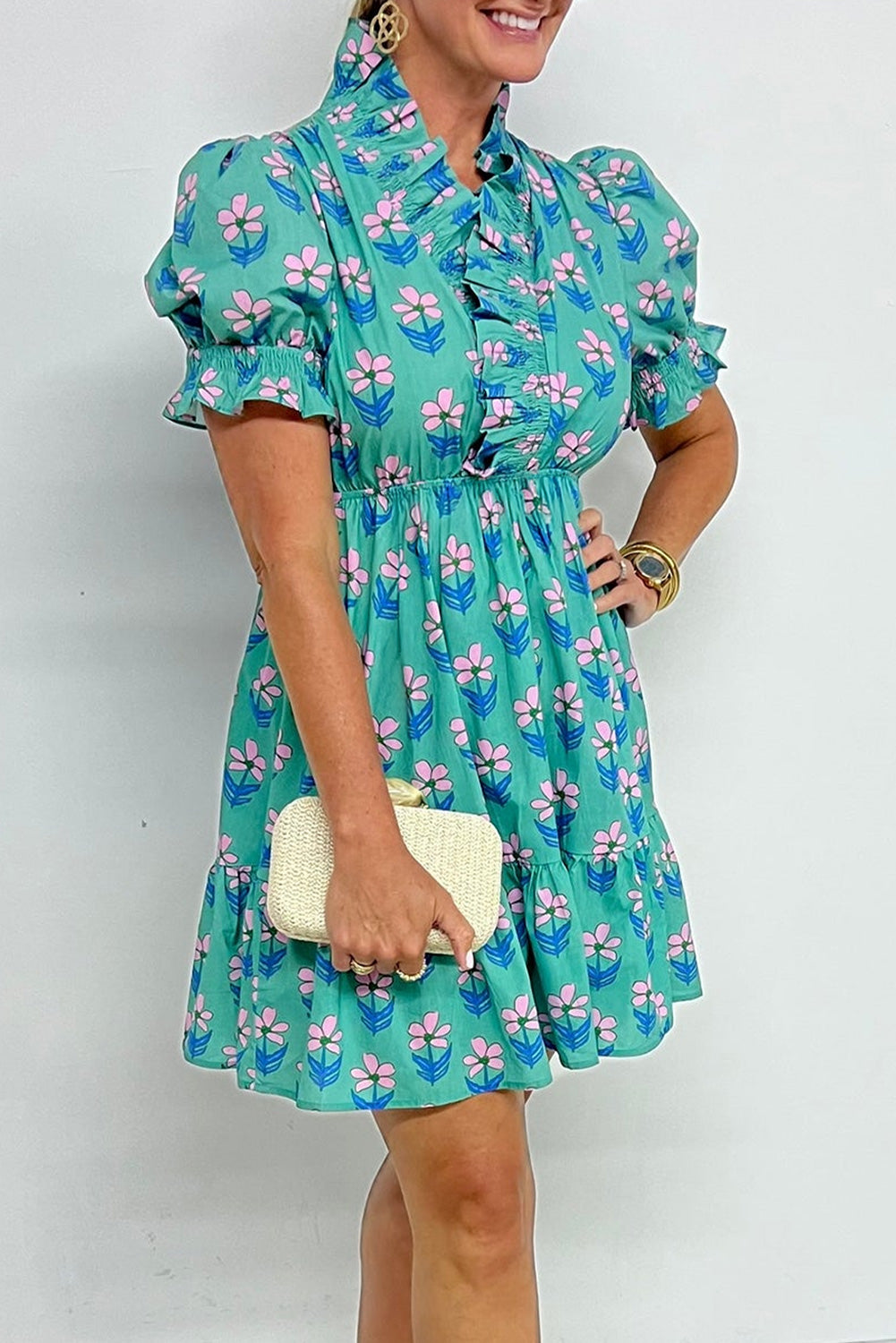frilly mini dress Green Floral Print Frilly Smocked Detail High Waist Mini Dress Green / L / 100%Polyester