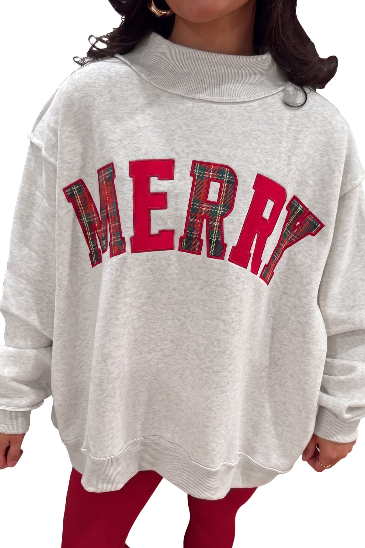 Light Grey MERRY Embroidered Letter High Neck Tunic Pullover Sweatshirt
