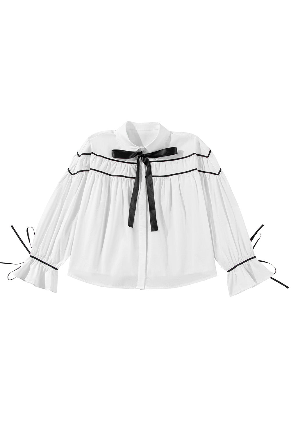 Chemise à manches bouffantes et volants avec col et nœud papillon en ruban passepoilé blanc et noir