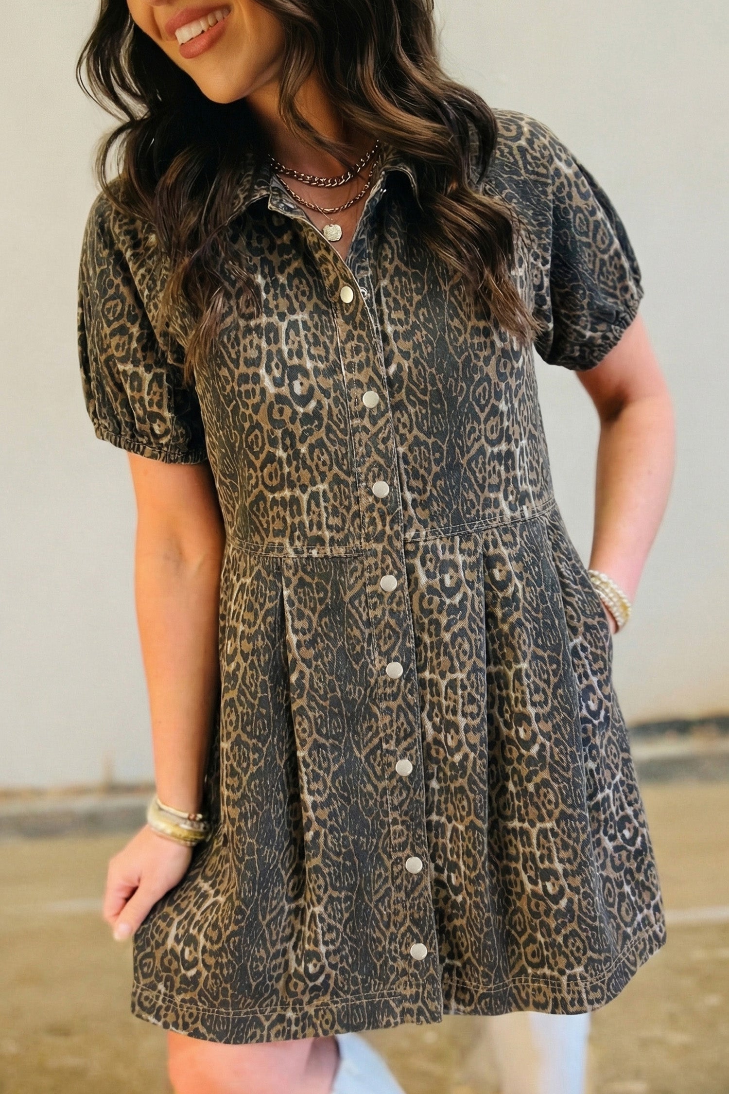 Gray Leopard Print Short Sleeve Pleated Denim Mini Dress Gray / L / 100%Cotton