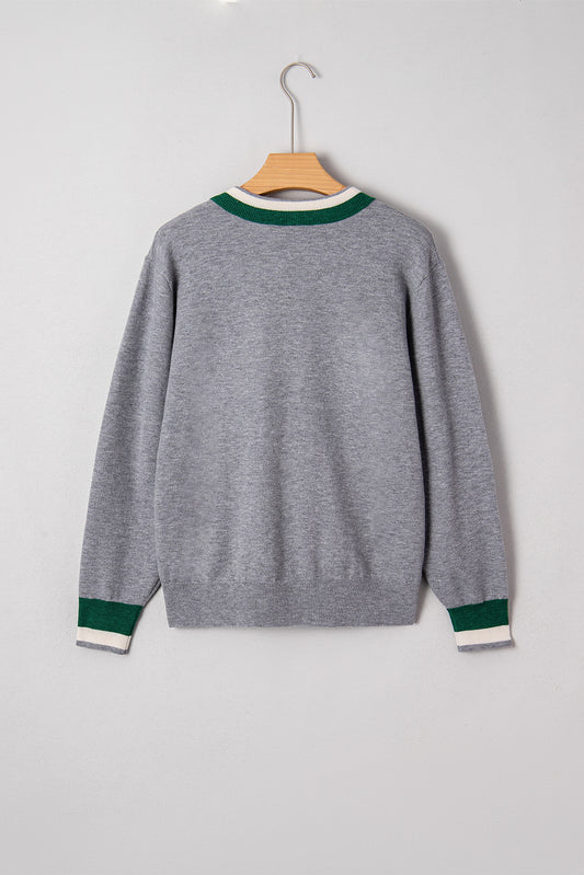 Gray Contrast Striped Trim V Neck Varsity Sweater