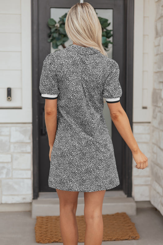 Black Leopard Print Contrast Striped Trim Polo Collar Short Sleeve Dress with Pockets