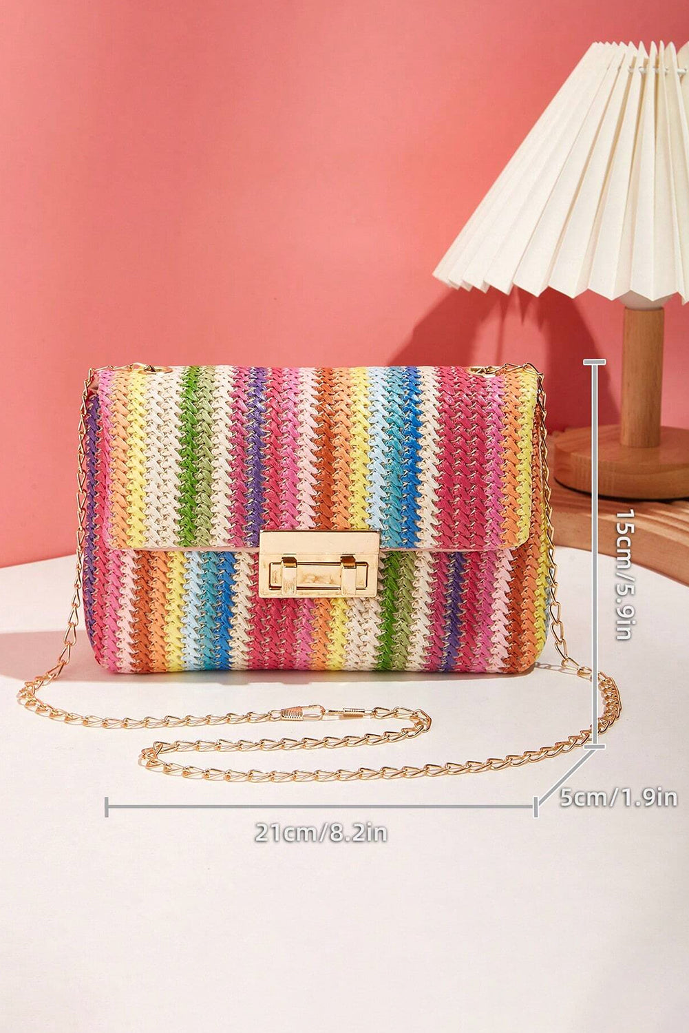 Multicolour Straw Plaited Gold Chain Clasp Closure Single Shoulder Bag