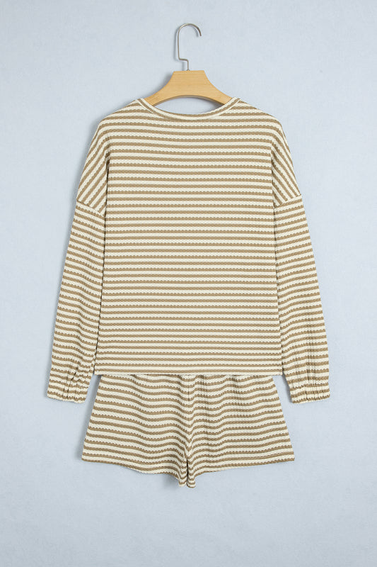 Brown Stripe Textured Knit Long Sleeve Top Elastic Waist Shorts Casual Outfit