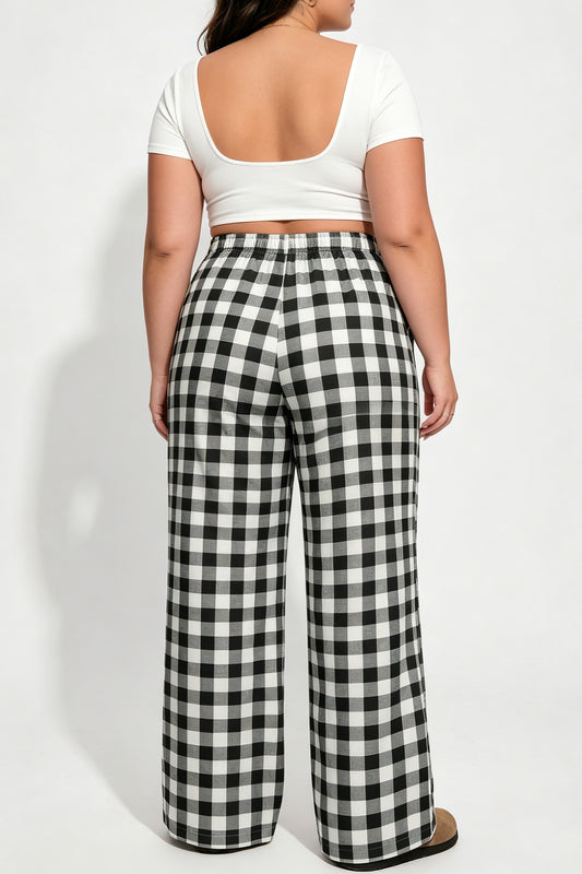 Black Plus Size Plaid Pattern Elastic Waist Shift Pants