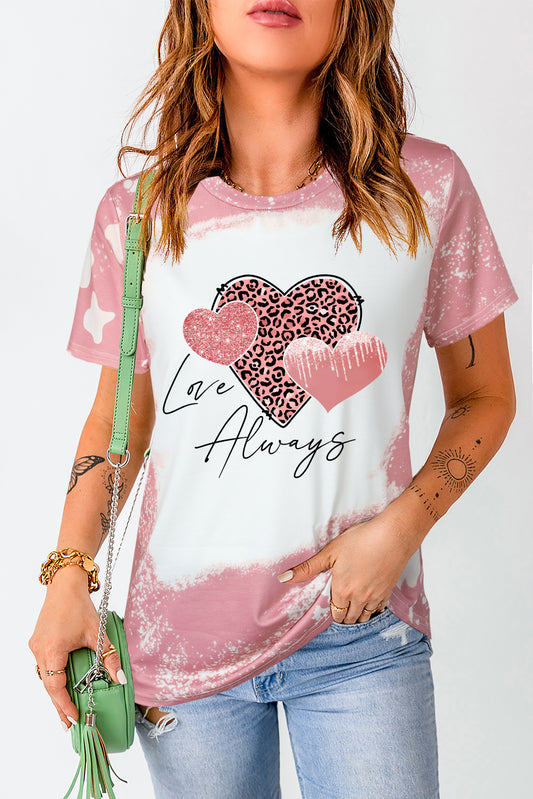 T-shirt graphique à imprimé léopard délavé « Love Always Heart »