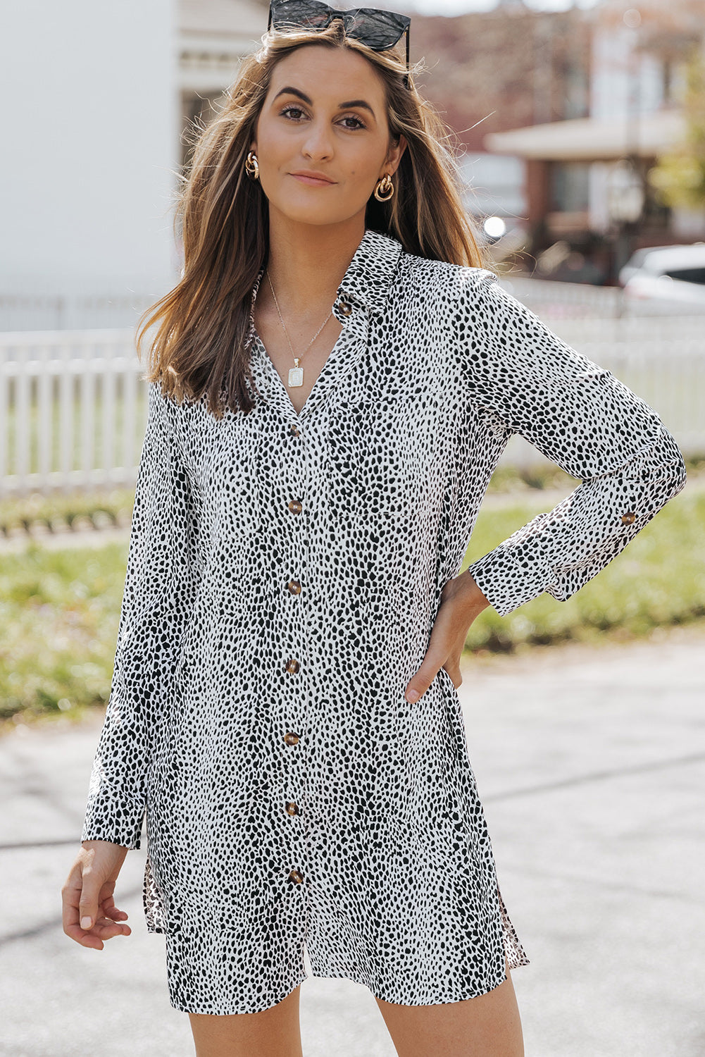 Long Sleeve Leopard Animal Print Shirt Dress Leopard / M / 100%Polyester Long Sleeve Leopard Animal Print Shirt Dress Leopard / M / 100%Polyester