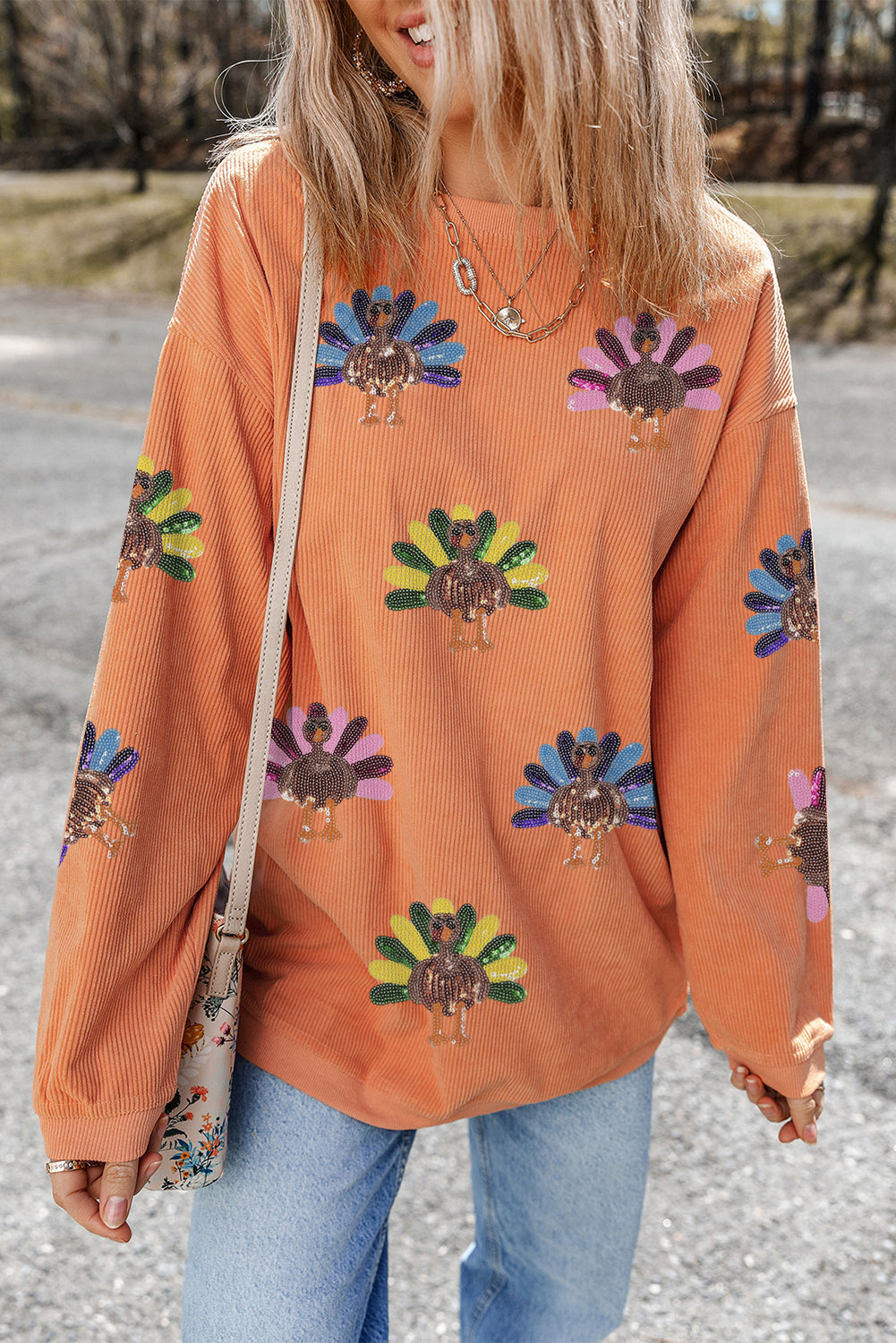 Orange Turkey Graphic Corded Baggy Sweatshirt