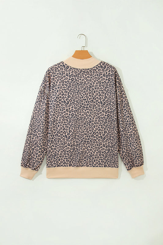 Multicolour Plus Size Leopard Print Ribbed Color Block Mock Neck Tunic Sweatshirt