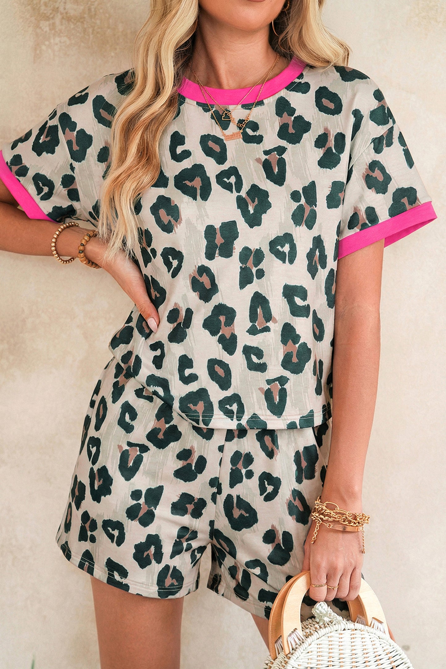 Brown Unique Leopard Print Contrast Trim Top Loose 2pcs Short Set