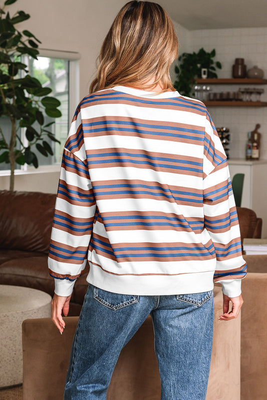 Brown Stripe Crew Neck Drop Shoulder Pullover Sweatshirt