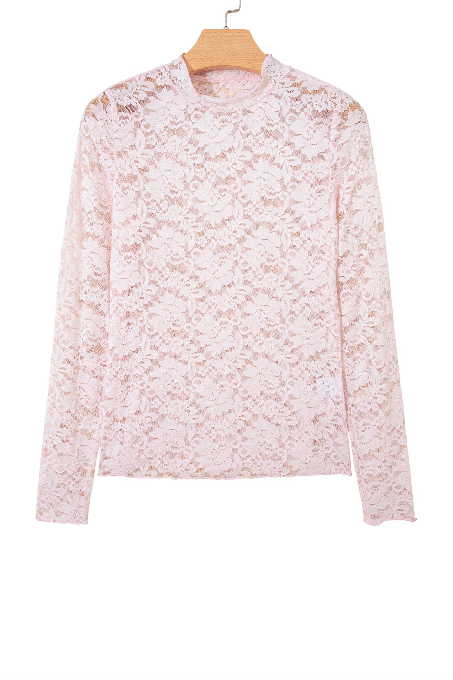 Light Pink Floral Lace Long Sleeve Stand Neck Pullover Top