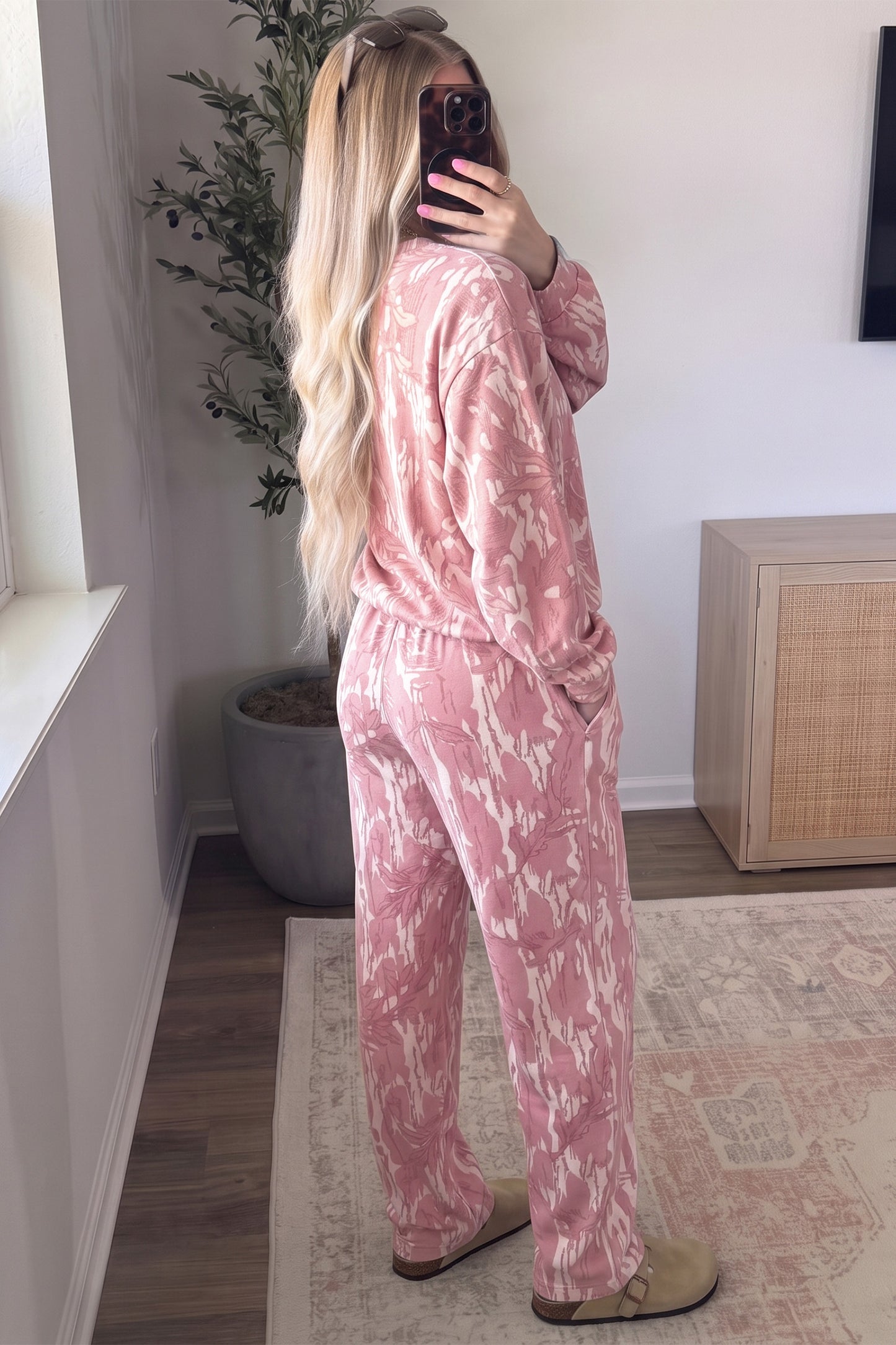 Pink Abstract Floral Print Loose Pullover Drawstring Pants 2pcs Set