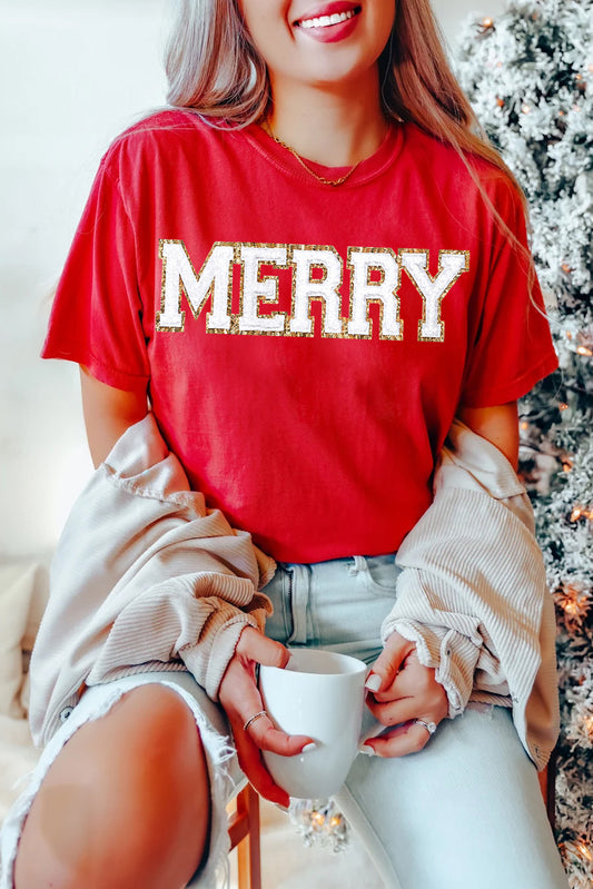 T-shirt rouge à manches retroussées avec motif graphique MERRY de Noël