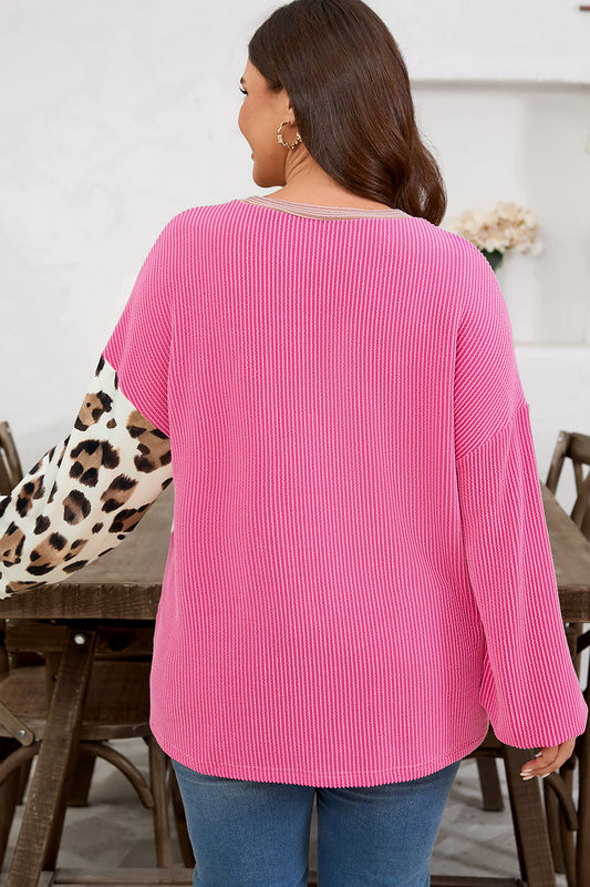 Rose Red Plus Size Twisted Ribbed Color Block Leopard Patchwork Long Sleeve Top