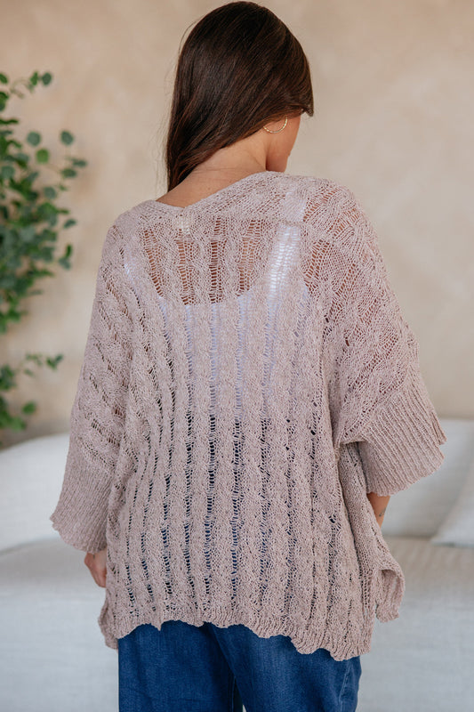 Old Rose Drop Shoulder Crochet Knit Open Front Cardigan