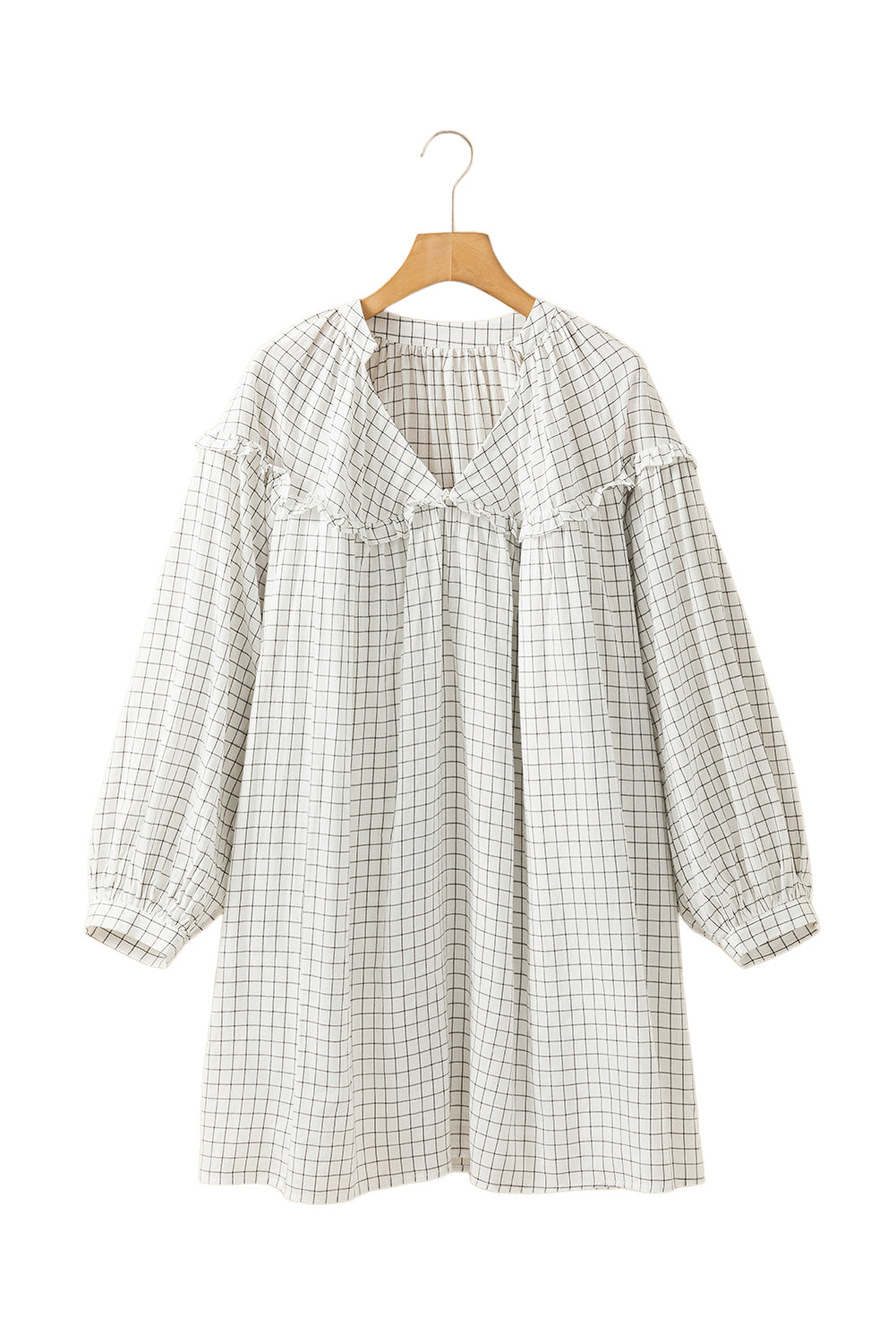 Robe babydoll blanche à rayures et carreaux, volants, col en V, manches bracelet