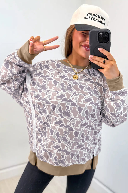 Khaki Camouflage Print Textured Knit Color Block Trim Long Sleeve Top