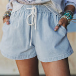 Sky Blue Stripe Drawstring Elastic Waist Casual Denim Shorts
