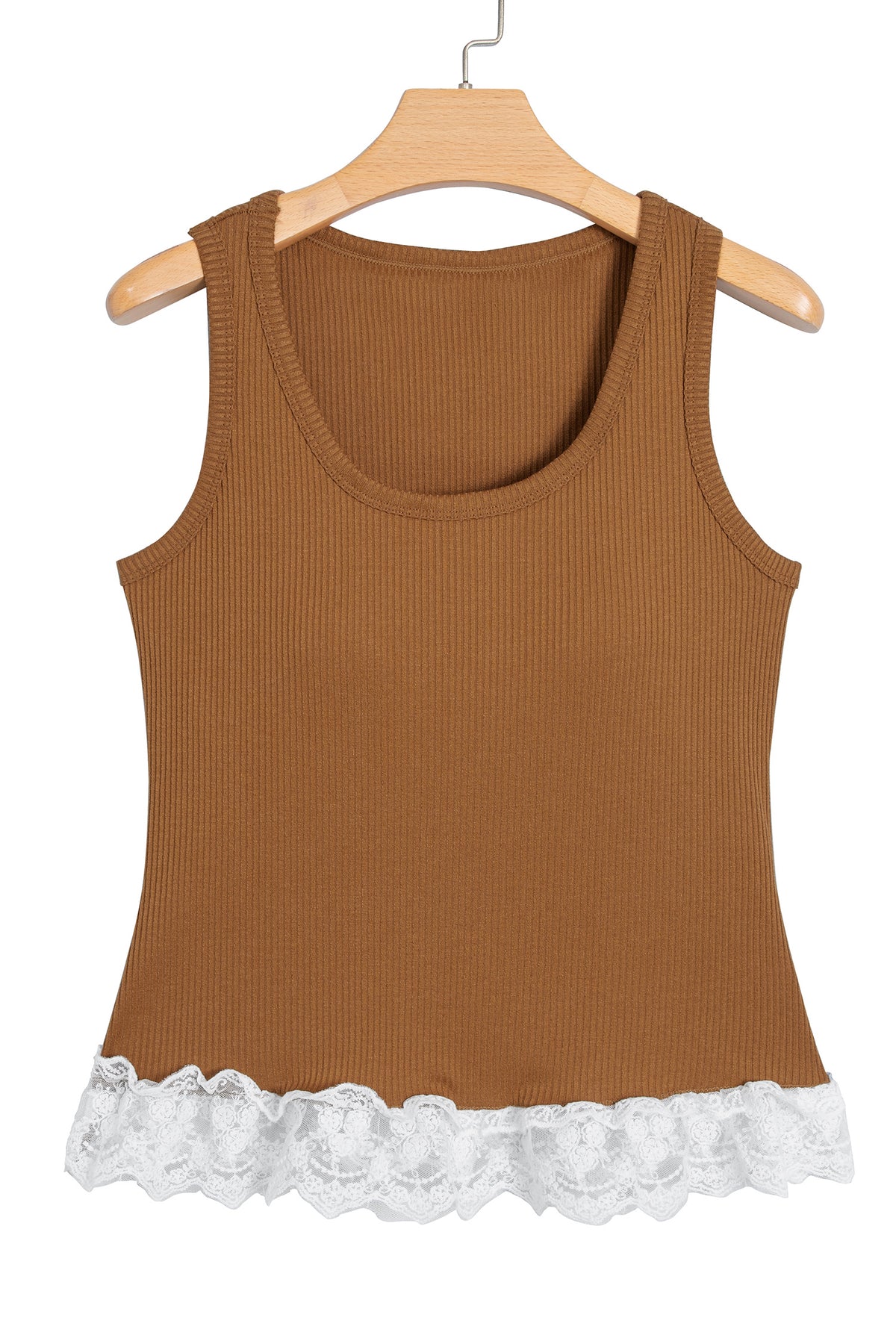 Coffee Ribbed Knit Sweet Lace Hem Vest