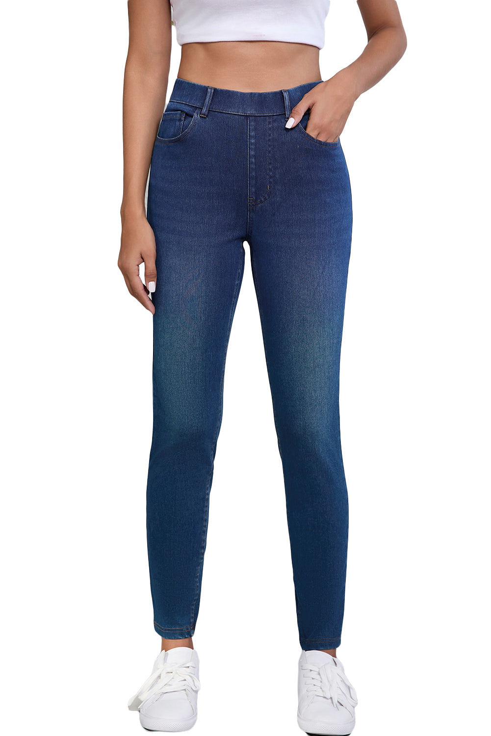 Jean décontracté Ashleigh bleu à poches multiples, coupe droite, délavé, extensible et en tricot