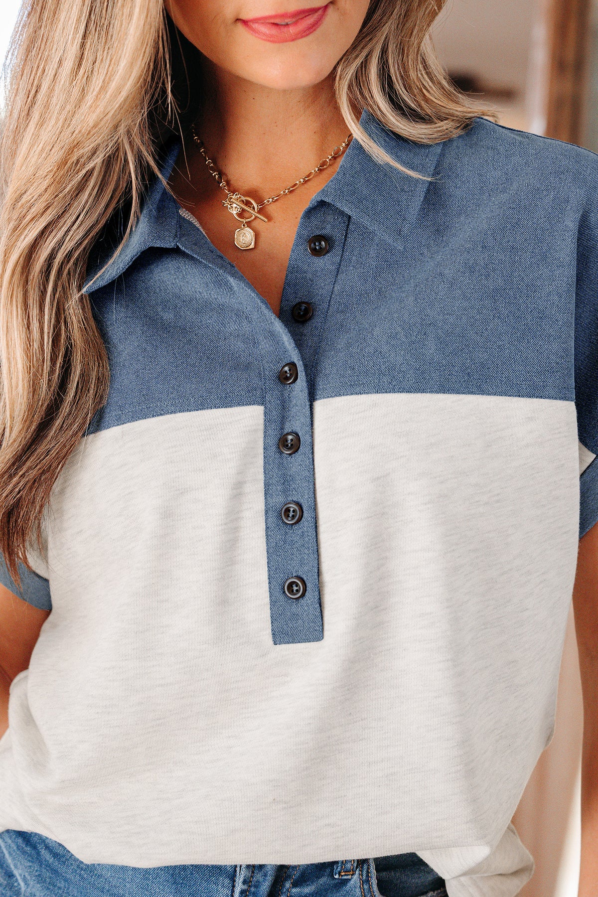Light Grey Color Block Denim Patchwork Button Polo Collar Short Sleeve Top