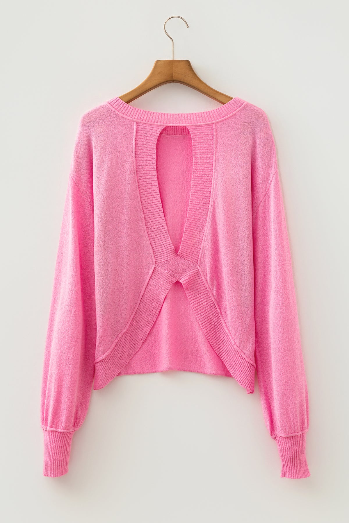Pink Drop Shoulder Round Neck Long Sleeve Backless Pullover Sweater