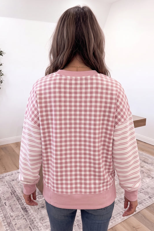 Pink Plaid Striped Patchwork Long Sleeve Casual Top