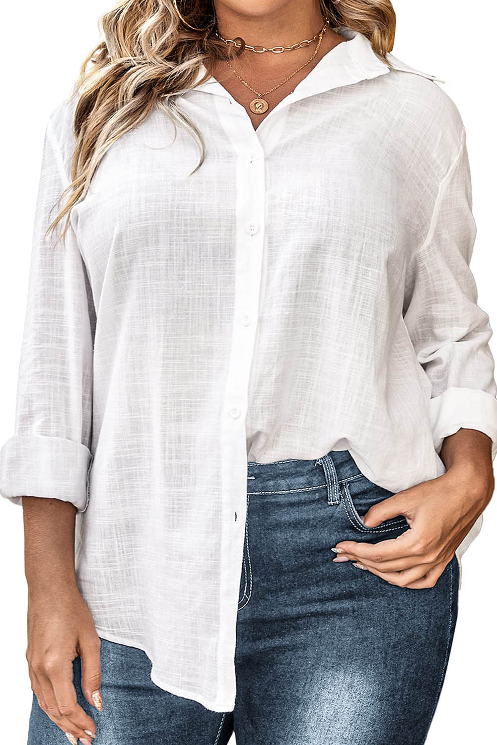 Chemise boutonnée blanche texturée en lin grande taille