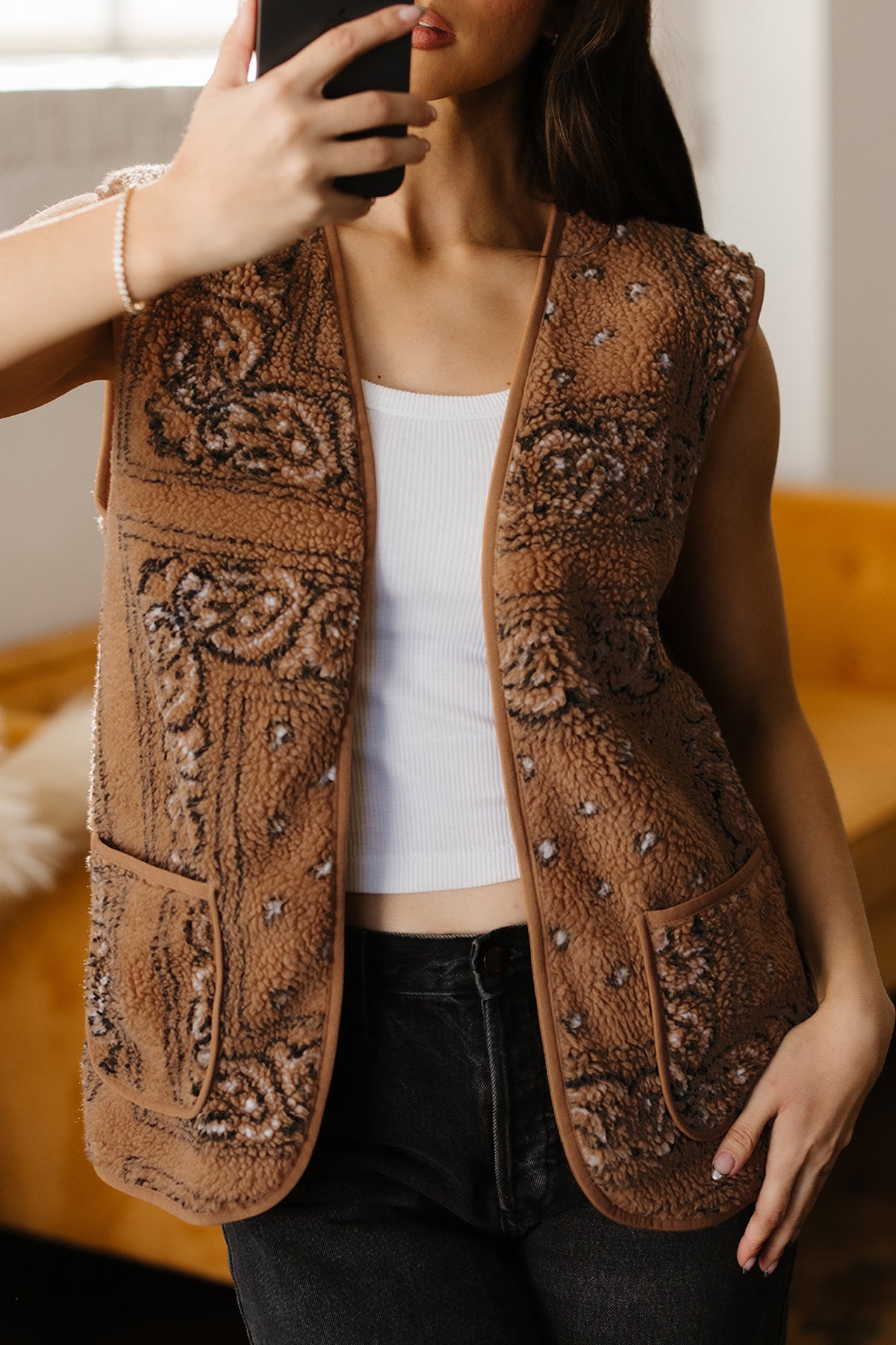 Brown Sherpa Paisley Print Pocketed Western Fashion Vest Jacket