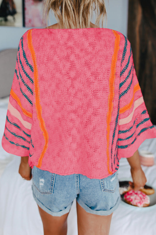 Rose Striped Detail Wide Sleeve Lightweight Knitted Sweater